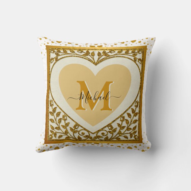 Coussin Cœur initial et nom pailleté or élégant (Verso)