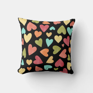 Coussin Cœur motif à l'aquarelle noire, rose, bleu, vert