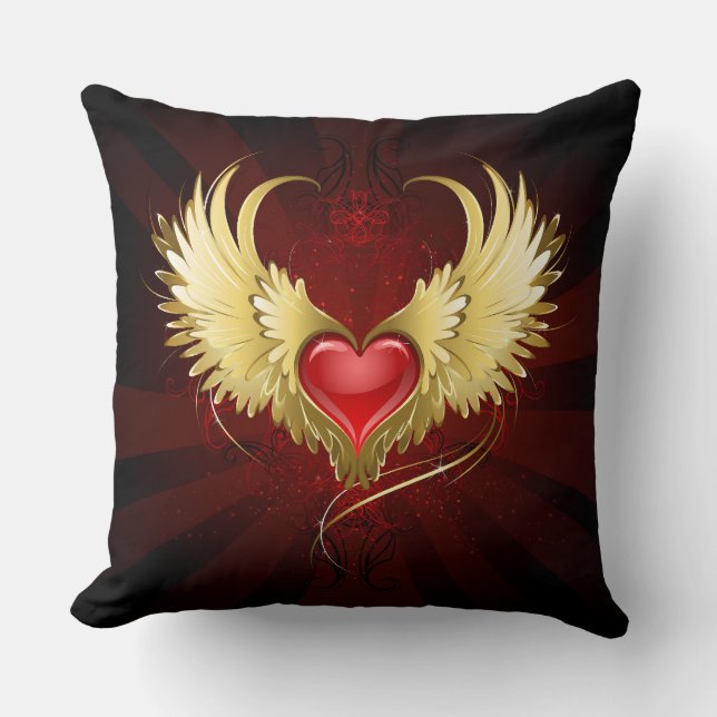Coussin Coeur rouge avec ailes d'or (Recto)