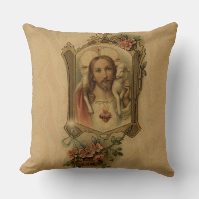 Coussin Coeur sacré de cru de Jésus avec l'agneau, fleurs (Recto)