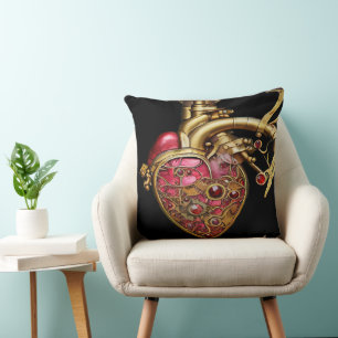 Coussin Cœur Steampunk Rubis et Engrenages Anatomiques