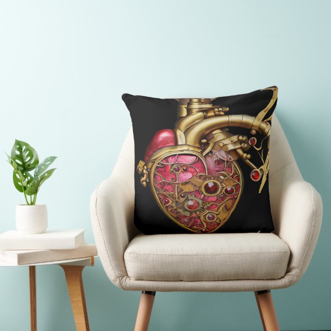 Coussin Cœur Steampunk Rubis et Engrenages Anatomiques (Chaise)