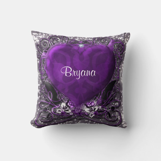 Coussin Cœur Violet & Argent Paillettes Brillantes (Recto)