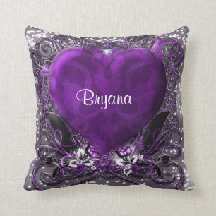 Coussin Cœur Violet & Argent Paillettes Brillantes