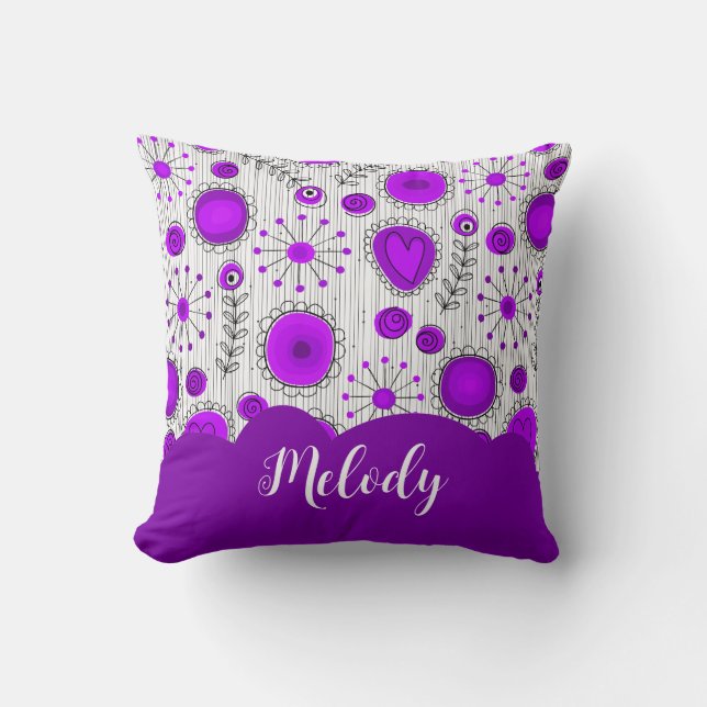 Coussin Coeurs blancs violet blanc Whimsical fleurs nom fl (Recto)