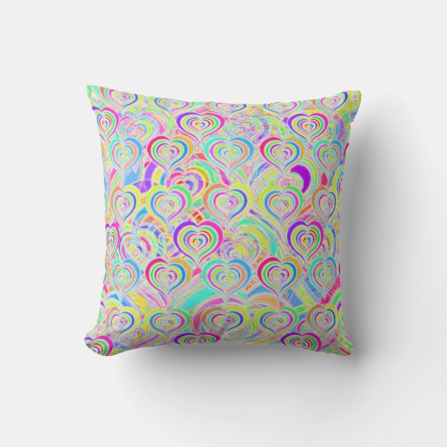 Coussin Coeurs de carreau psychédélique d'arc-en-ciel (Recto)
