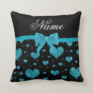 Coussin Coeurs de parties scintillant turquoise de nom per