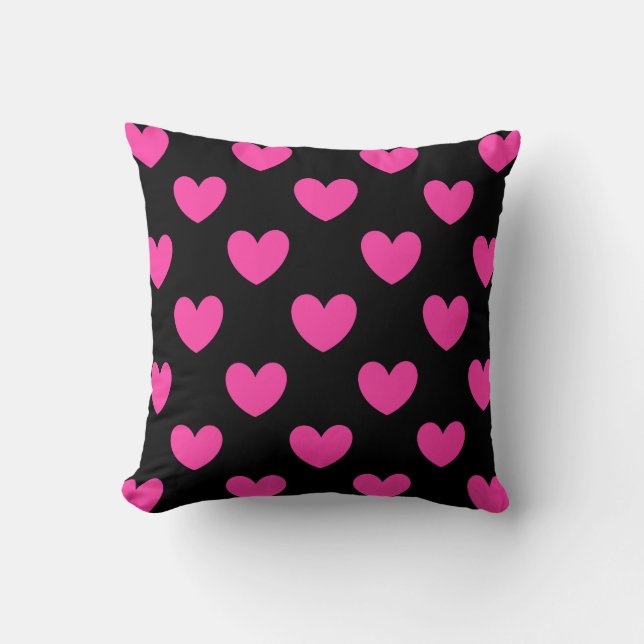 Coussin Coeurs de polka rose Fuchsia sur noir (Recto)