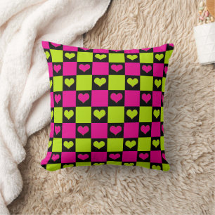 Coussin Coeurs de tableau de bord - Vert citron, rose chau