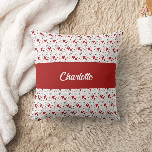 Coussin Cœurs Doodle Rouge Noir Rétro Monogramme Nom (Couverture)