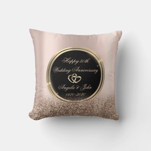 Coussin Cœurs Dorés Rose Paillettes 50e Anniversaire (Recto)