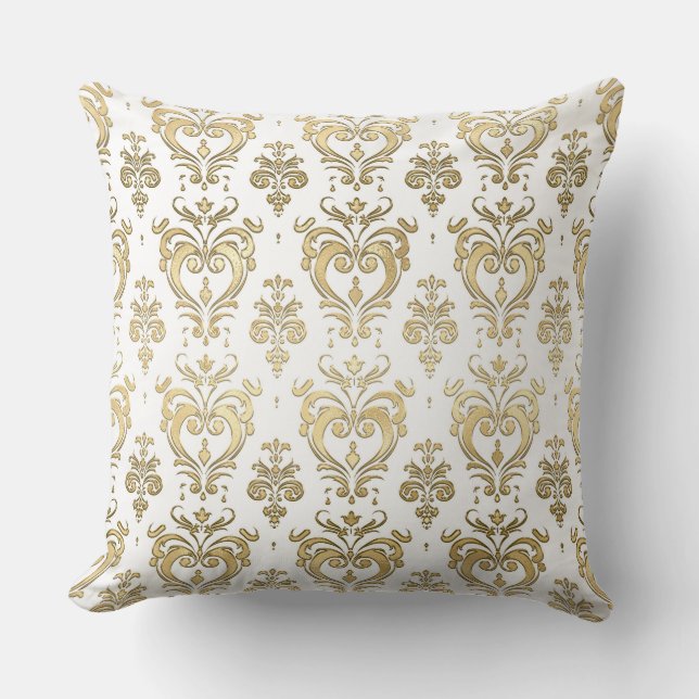Coussin Cœurs Élégants Blancs et Or Saint-Valentin Damassé (Recto)