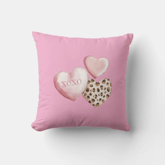 Coussin Coeurs Empreintes de léopard XOXO Rose (Recto)