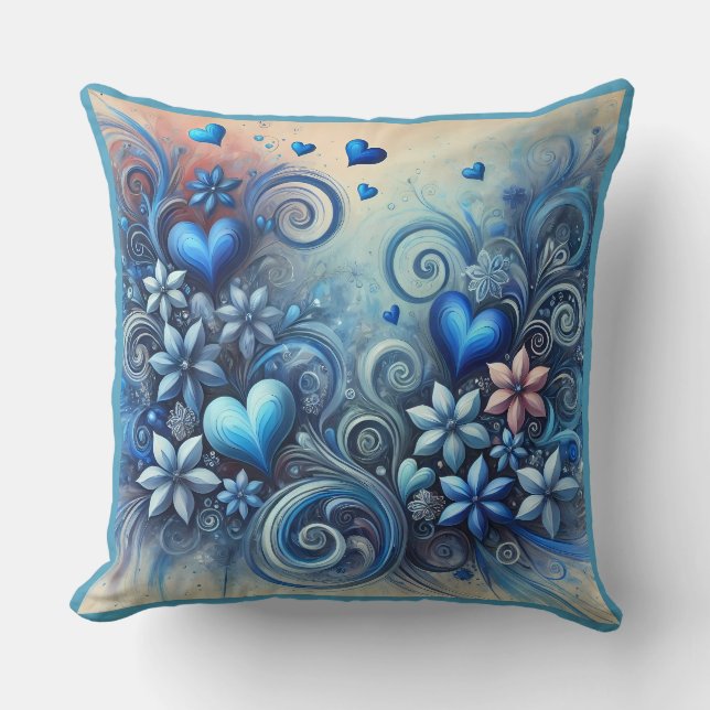 Coussin Coeurs et fleurs Blues (Recto)