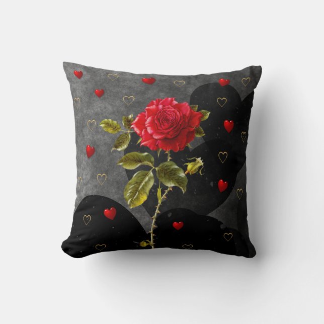 Coussin Coeurs grunges noirs avec le rose rouge (Recto)
