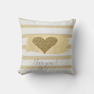Coussin Cœurs Pailletés Dorés Adorables Rayures-Je T'Aime