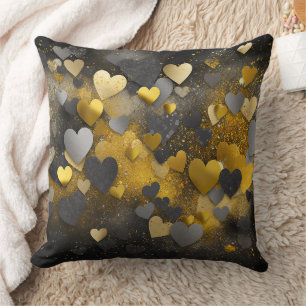 Coussin Cœurs pailletés noirs jaunes gris