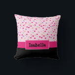 Coussin Coeurs pastel sur les filles roses Personnalisé<br><div class="desc">Ce mignon coussin girly dispose d'un arrière - plan motif de coeur rose, violet, orange et vert, avec une bande rose et une boîte rose avec un texte personnalisable pour la personnalisation. La partie inférieure du coussin est noire, ce qui ajoute du contraste. Ce coussin ferait un accent parfait pour...</div>