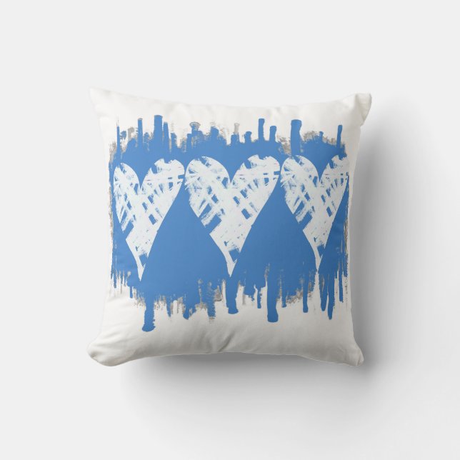 Coussin coeurs peints art abstrait bleu et blanc (Recto)