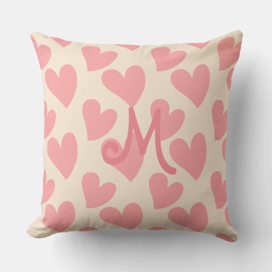 Coussin Cœurs Rose Pâle Rêveurs Monogrammés Beige (Recto)