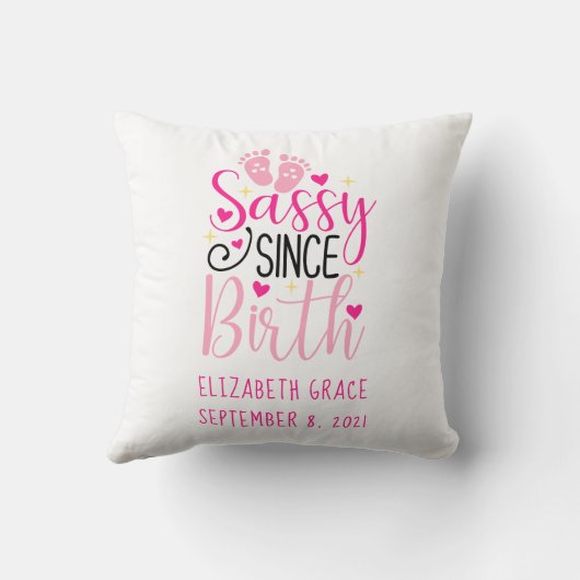 Coussin Coeurs roses Statistiques de naissance Sassy depui (Verso)