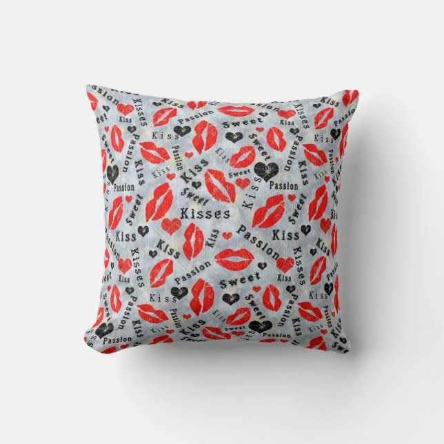 Coussin Coeurs, rouge, noir, empreintes de lèvres, baiser (Recto)