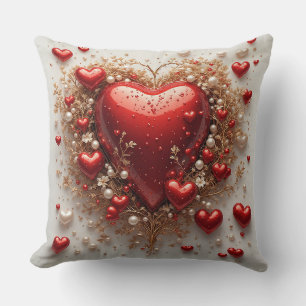 Coussin Cœurs rouges élégants avec détails floraux dorés