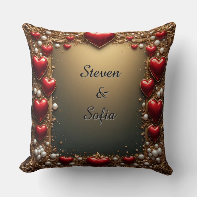 Coussin Cœurs rouges ornés d'or et de perles (Recto)