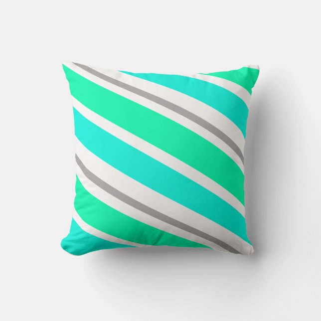 Coussin Cognac à lancer rayé Turquoise & Grey (Recto)