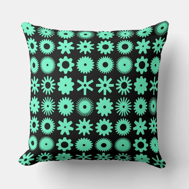 Coussin Cogs - Turquoise sur Noir (Recto)