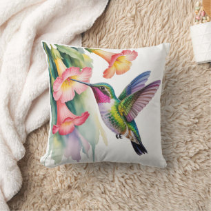 Coussin Colibri à l'aquarelle avec fleurs