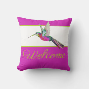 Coussin Colibri à script doré Aquarelle Rose Bienvenue