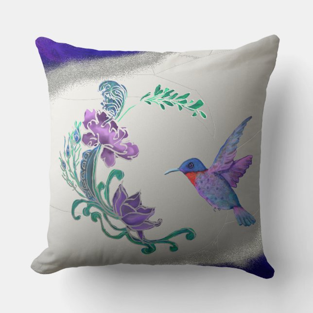 Coussin Colibri aux fleurs avec arrière - plan de géode (Recto)