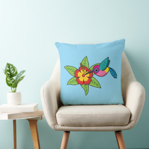 Coussin Colibri Coloré sur Fleur Tropicale d'Hibiscus