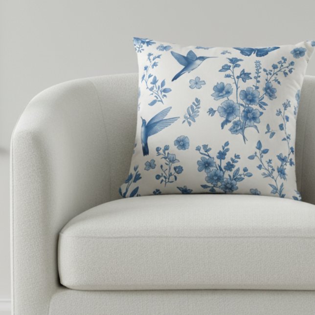 Coussin Colibri élégant floral bleu toile  (Créateur téléchargé)