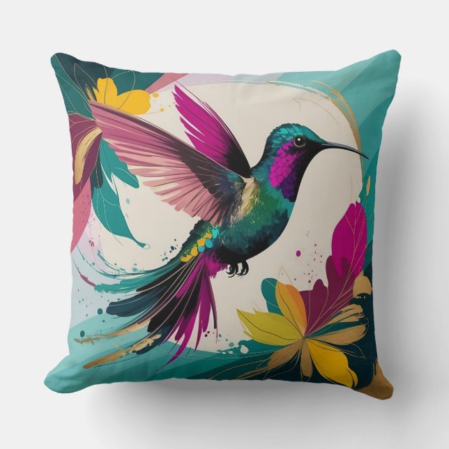 Coussin Colibri en vol : une Abstraite tropicale (Recto)