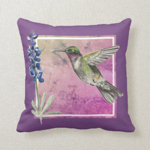 Coussin Colibri et Bluebonnet sur Arrière - plan rose