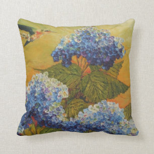 Coussin Colibri et carreau bleu d'hortensia