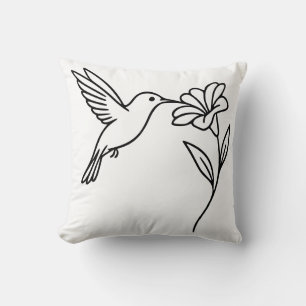 Coussin Colibri et Fleur – Art minimaliste en ligne noire