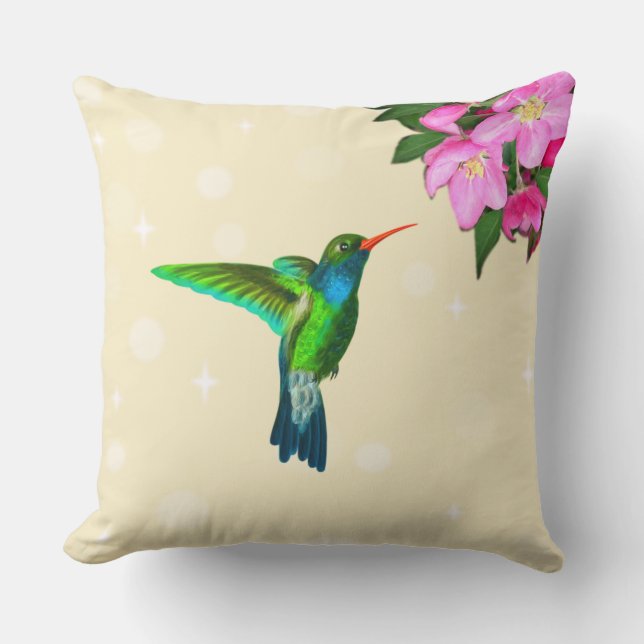 Coussin Colibri et fleurs de pommier sur beige clair (Recto)