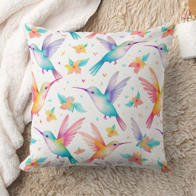 Coussin Colibri et motif floral pastel à l'aquarelle (Couverture)