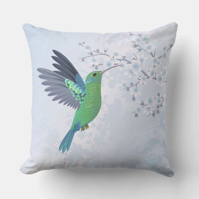 Coussin Colibri Vert Avec Fleur De Cerisier Bleu (Recto)
