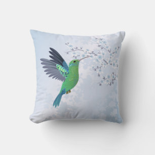 Coussin Colibri Vert Avec Fleur De Cerisier Bleu