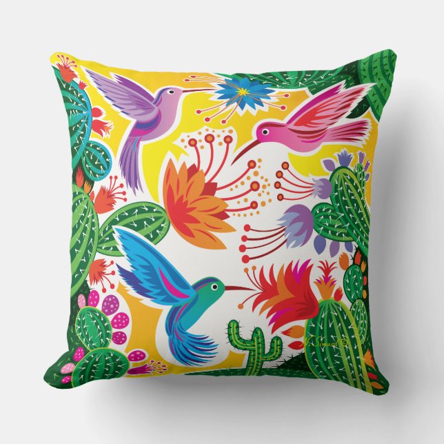 Coussin Colibris et cactus en fleurs (Recto)