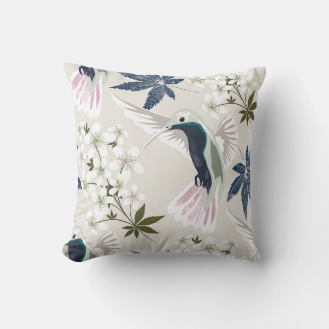 Coussin Colibris et fleurs blanches. (Recto)