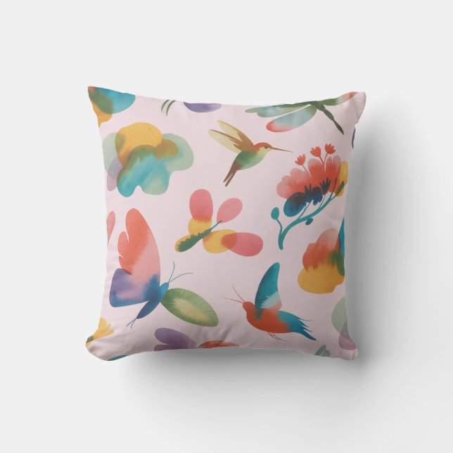 Coussin Colibris et papillons abstraits (Recto)
