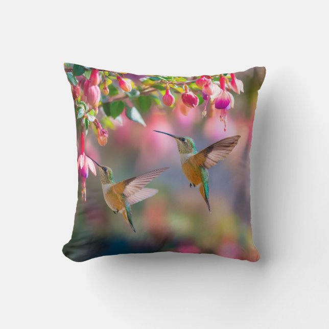 Coussin Colibris Fleurs de Fuchsia Reflet Iridescent (Recto)