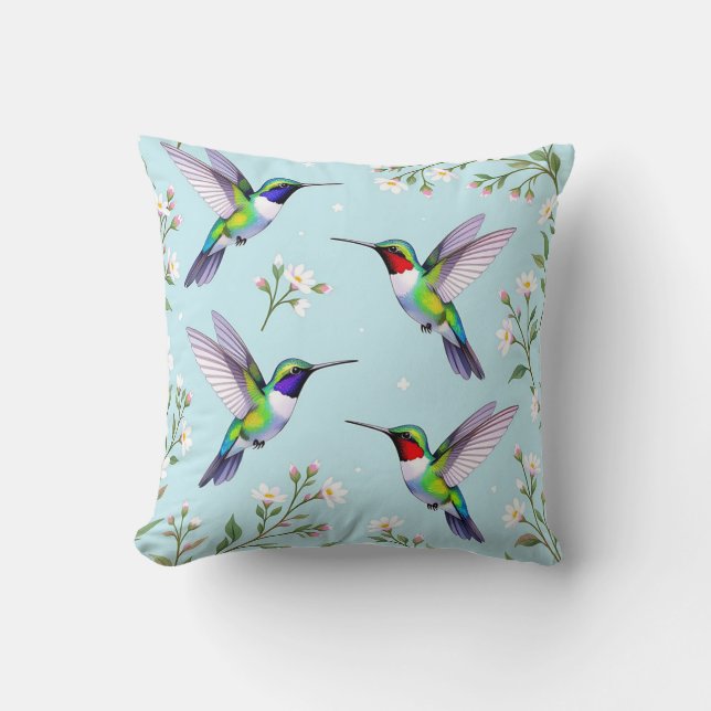 Coussin Colibris Vibrants et Fleurs de Cerisier Blanches (Recto)