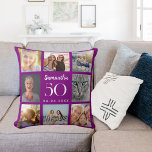 Coussin Colis photo personnalisé violet anniversaire<br><div class="desc">Un cadeau unique pour un 21ème anniversaire, célébrant sa vie avec un collage de 8 de vos propres photos, photos. Personnalisez et ajoutez son nom, son âge et sa date. Une couleur d'arrière-plan violet profonde, texte blanc. Le nom est écrit avec un script de style moderne écrit à la main....</div>