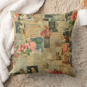 Coussin Collage Botanique de Journal Orchidée Portrait Rét